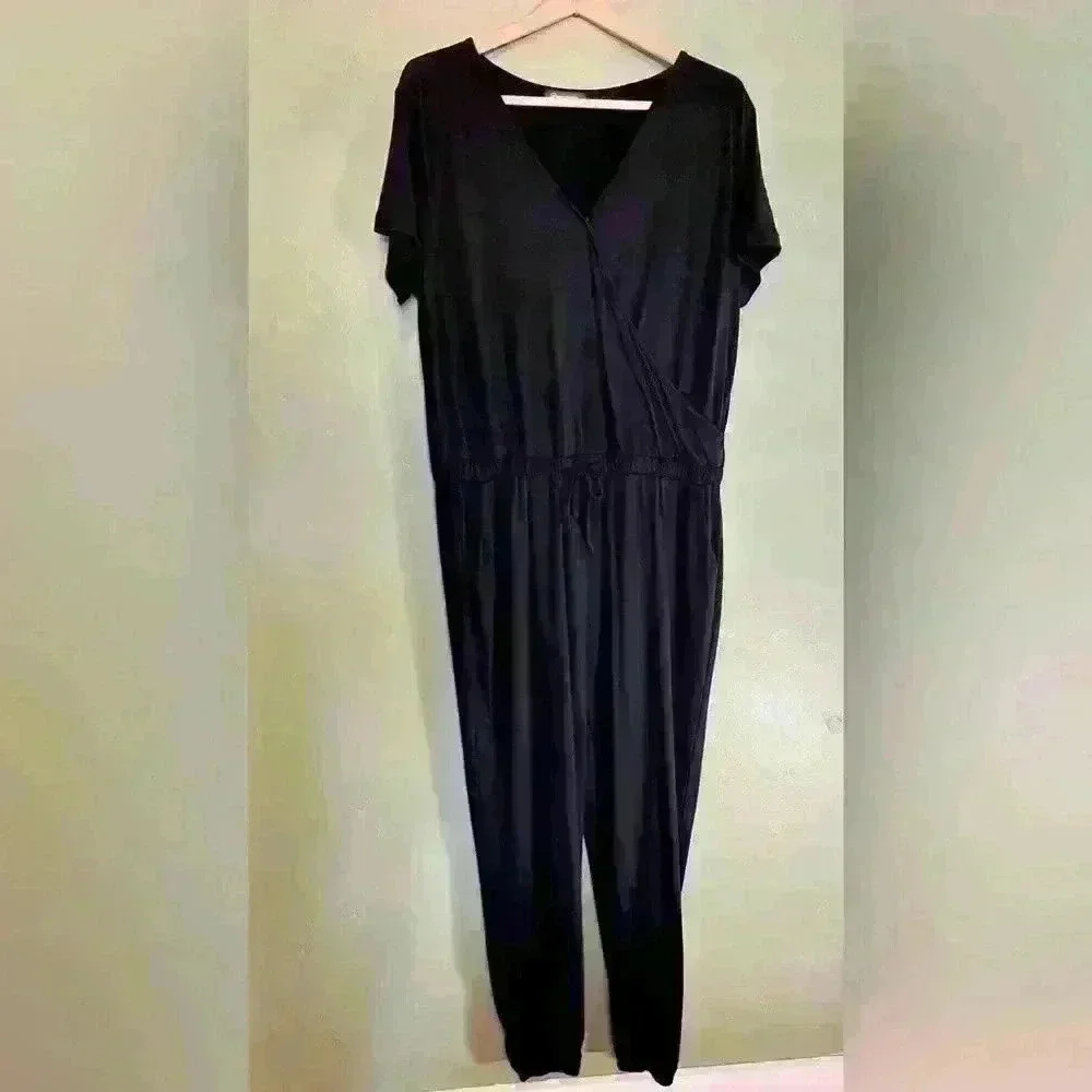 Women's Casual Deep V-Neck Short Sleeve Wrap Drawstring Waist Jumpsuit Romper - Picture 2 of 6